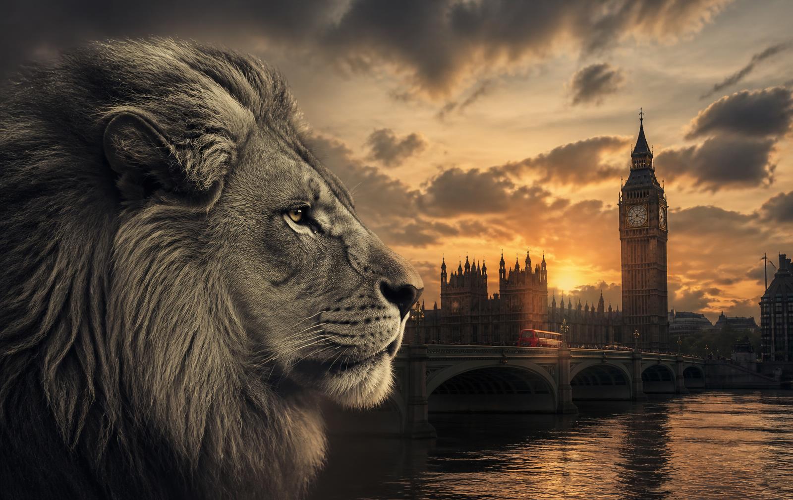 Lion profile merged with the London skyline at golden hour